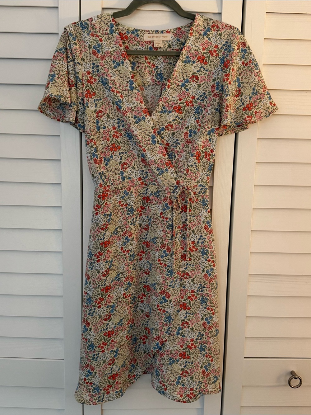 Monteau Floral Faux Wrap Dress - Multicolor Floral, Office, Business Casual